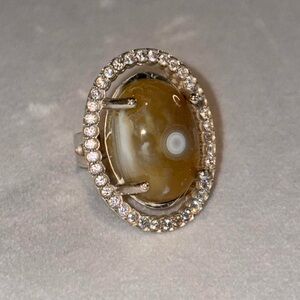925 Sterling Silver Quartz Cabochon Sparkly Halo Chunky Cocktail Ring Size 3.5